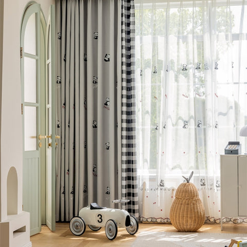 Tenda per bambini panda ricamata a scacchiera grigia
