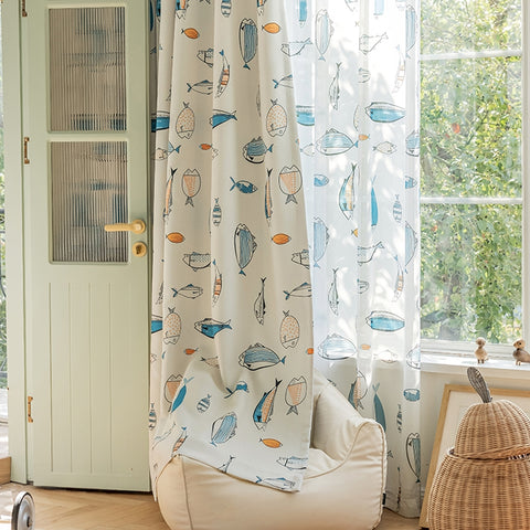 Tenda per bambini beige con motivi di pesci blu e arancioni