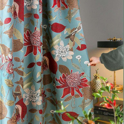 Tenda jacquard fiori rossi e uccelli stile classico