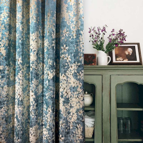 Tenda blu margherita fiori bianchi vintage