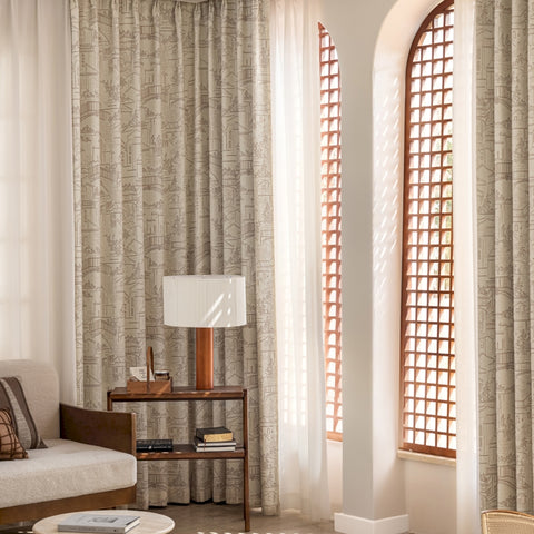 Tenda jacquard beige con motivi ricamati