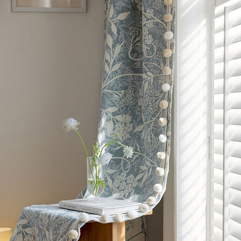 Tenda in ciniglia blu jacquard fiori vintage