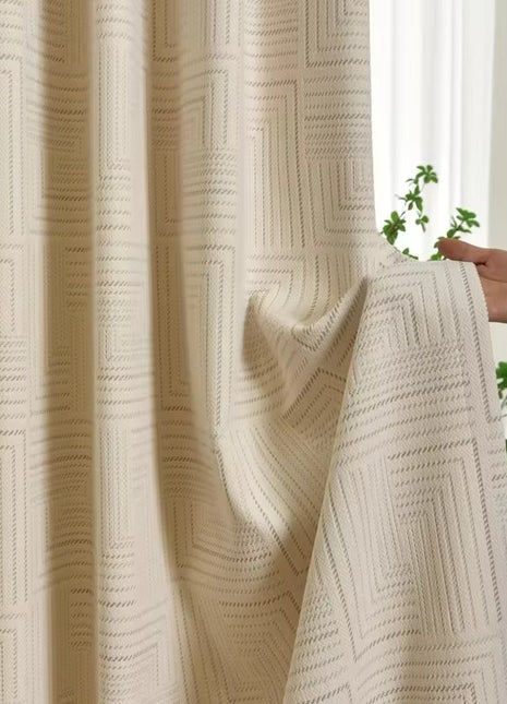 a person holding a curtain with a plant in the background