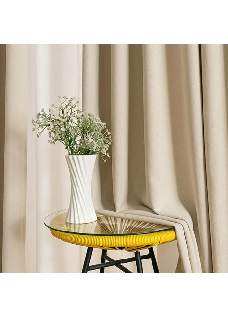 Rideau occultant beige sable doux greige style scandinave contemporain ambiance apaisante salon