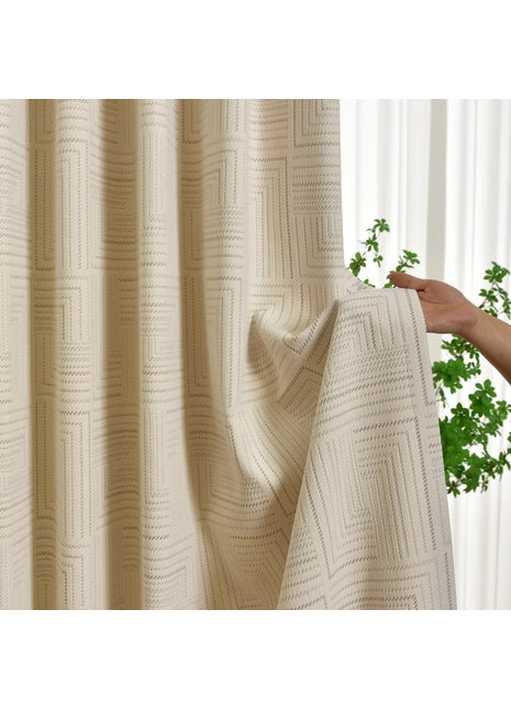 a person holding a curtain with a plant in the background
