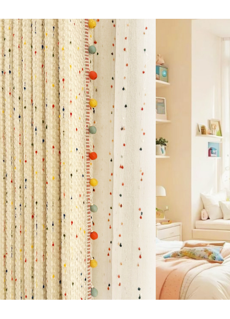a bedroom with a bed, a shelf with framed pictures, and a curtain with colorful balls hanging from it.