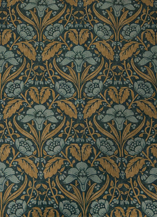 a close up of a blue and gold wallpaper