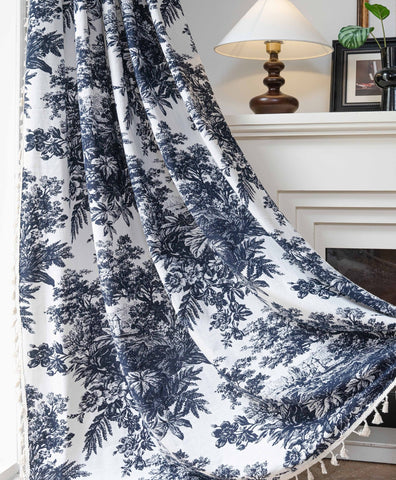 Tenda velata stampata in stile toile de Jouy grigia