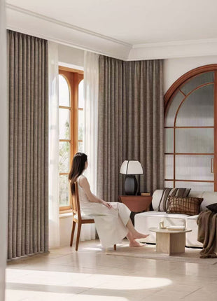 Tenda in ciniglia spessa beige con motivo marrone