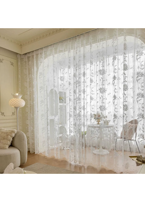 Velo bianco ricamato fiori beige in stile romantico per la camera da letto