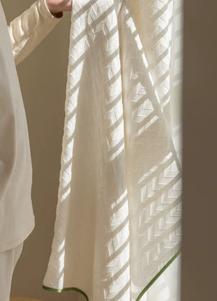 Tenda in velluto a coste beige con motivi geometrici