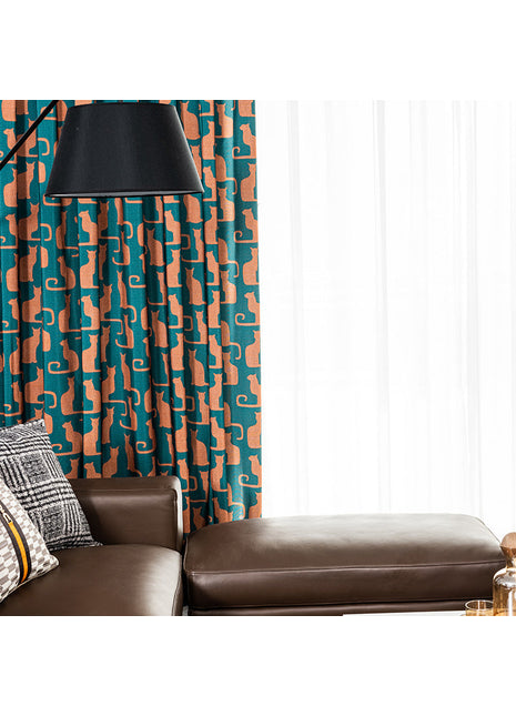 Rideau Bleu Motifs Chat Orange